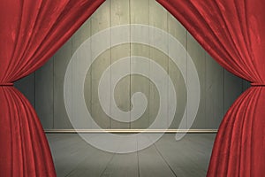 Spotlight on stage with red curtains