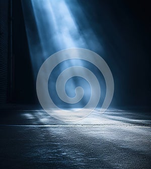 Spotlight on stage with spotlight. Rays light on blue wall with smoke and shadow.