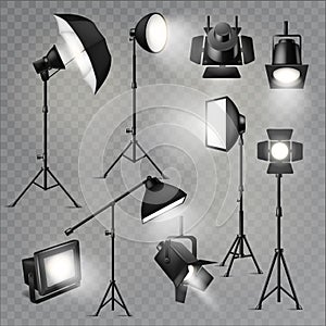 Spotlight vector light show studio with spot lamps on theater stage illustration set of projector lights photographing