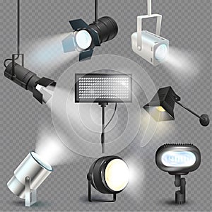 Spotlight vector light show studio with spot lamps on theater stage illustration set of projector lights photographing