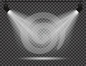 Spotlights with light beams on transparent background. Realistic spotlights for theatre, photo studio, concerts