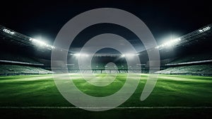 Spotlights at night and green field empty stadium created with Generative AI