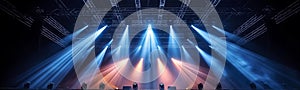 Spotlights on outdoor concert stage with light beams.