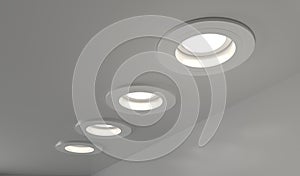 Spotlights recessed ceiling 3D render. Realistic interior room with round glowing downlights at night. Artificial