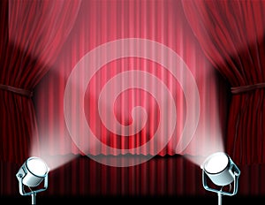 Spotlights on red velvet cinema curtains