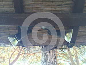 Spotlights under wood beam and bamboo roof