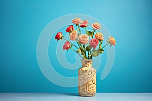 spotlit vase of roses against a blue backdrop