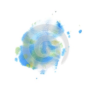 Spots and splashes of watercolor paint are blue and green. Hand drawn. Isolated object on a white background.