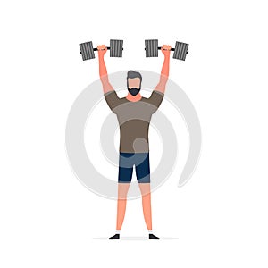 Spotsman with dumbbells. A man lifts dumbbells up. The concept of sport and healthy lifestyle. Isolated. Vector.