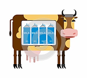 Spotted cow with milk. Packages of milk the cow as in the refrigerator. Milk production from cows. Natural product. Vector