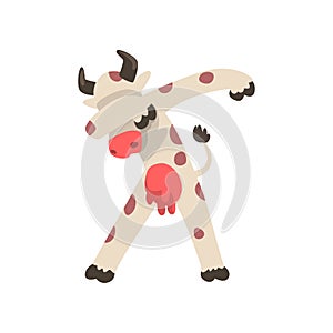 Spotted cow standing in dub dancing pose, cute cartoon animal doing dubbing vector Illustration on a white background