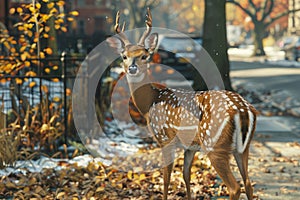 Spotted Deer Stands on Urban Street with Autumn Leaves and Snow, Wildlife Meets City Life with Warm Colors