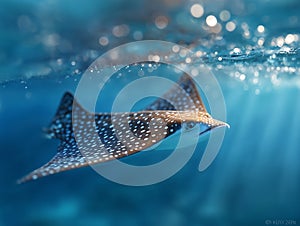A spotted eagle ray swimming in the ocean with bubbles