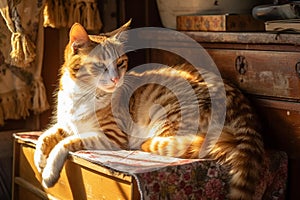Spotted Farm Cat Enjoying Golden Hour on Vintage Chair