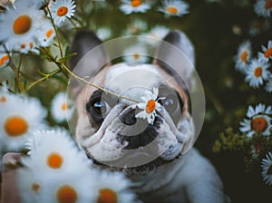 Spotted French bulldog sits in a meadow surrounded by white chamomile flowers