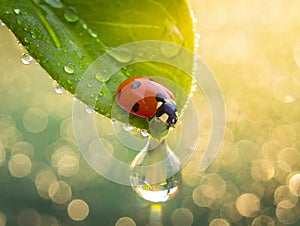 Spotted Ladybug Enjoying the Morning Light on a Green Leaf with Dew drops