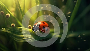 Spotted ladybug on wet blade of grass generated by AI