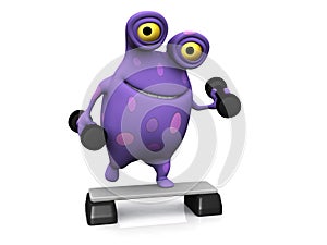 A spotted monster exercising with dumbbells.