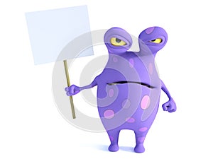 A spotted monster holding sign, looking angry