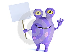 A spotted monster holding sign, waving its hand