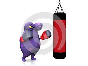 A spotted monster punching a heavy bag.