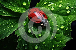 Spotted Red ladybug green leaf nature. Generate Ai