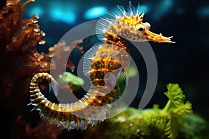 Spotted seahorse (Hippocampus reidi) swimming in an aquarium