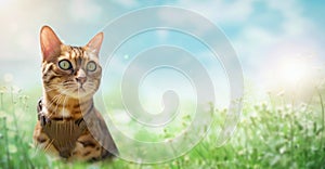 A spotted shorthaired bengal cat in a green backyard walks on the lawn on a sunny day