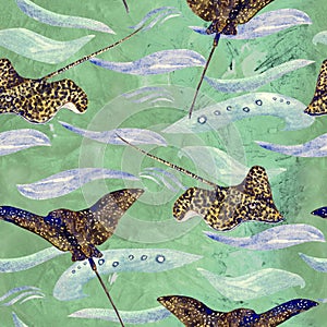 Spotted stingray, hand painted watercolor illustration, seamless pattern on green, blue ocean surface with waves