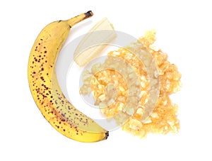 Spotty, overripe banana with mashed fruit