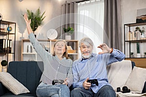 Spouses giving high five after winning computer game at home