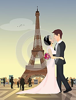 Spouses kiss under the Eiffel tour