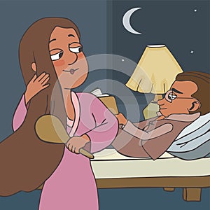 Spouses before night sleep vector cartoon