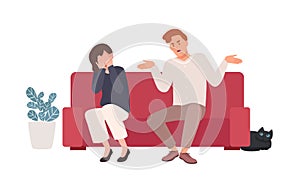 Spouses or romantic partners sitting on sofa and quarreling. Husband shouting at wife, offending her while she is crying photo