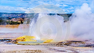Spouting water of the active Jelly Geyser with its yellow sulfur mineral mount in the Lower Geyser Basin in Yellowstone
