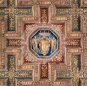 SPQR shield in the ceiling of the Basilica of Santa Maria in Ara Coeli, in Rome, Italy.