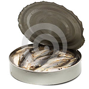 Sprat in an iron pot on white background