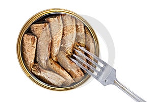Sprats fish in a metal jar on a white background, Top view flat layout