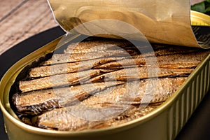 Sprats in oil. Smoked canned fish of sprat.