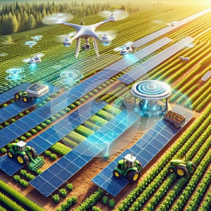 AI-Generated Futuristic AgroTech Utopia with Autonomous Machines, AI Drones, and Solar Energy photo