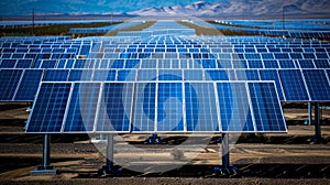 A sprawling complex of solar arrays dominates the rugged landscape its intricate network of panels and wires working in