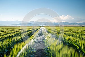 Sprawling farmland with a vibrant green crop field, an irrigation system glistening under the vast sky.