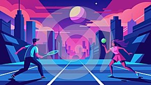 In a sprawling futuristic cityscape two players engage in a fastpaced virtual tennis match straining to return the photo