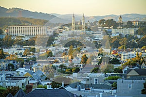 Sprawling golden and orange cityscape in downtown san francisco neighborhoods in california in the late sunset with