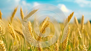 A sprawling landscape showcasing a bountiful field of golden wheat, fully matured and prepared for the imminent harvesting process