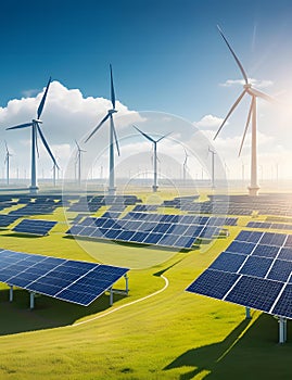 A sprawling landscape of wind turbines and solar panels, their blades and panels glinting in the sun.