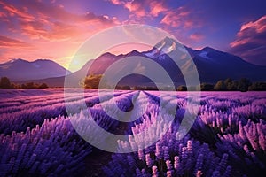 Sprawling Lavender field mountains. Generate Ai