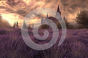 Sprawling Lavender field near house. Generate Ai photo