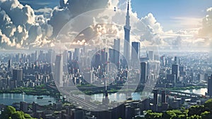 A sprawling metropolis outlined by a multitude of towering skyscrapers, forming a vibrant cityscape, Reimagining of a futuristic