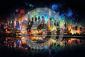 Sprawling Neon city cyberpunk skyline. Generate Ai photo